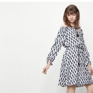 MAJE WHITE BLUE PRINT BOHO OFF THE SHOULDER DRESS L